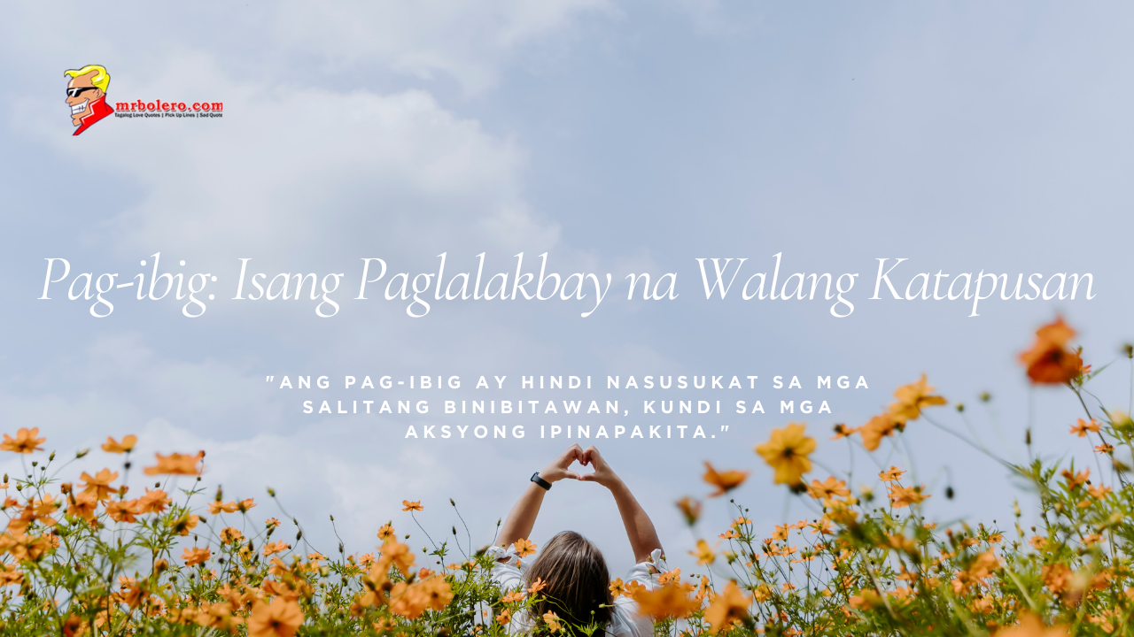 "Isang tao na nakatalikod habang gumagawa ng hugis-puso gamit ang mga kamay sa gitna ng isang luntiang parang na may mga namumulaklak na bulaklak, na may kalangitan sa likuran."