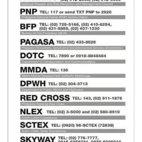 Emergency Hotlines | NDRRMC, PNP, BFP, PAGASA, DOTC, MMDA, DPWH, Red Cross,